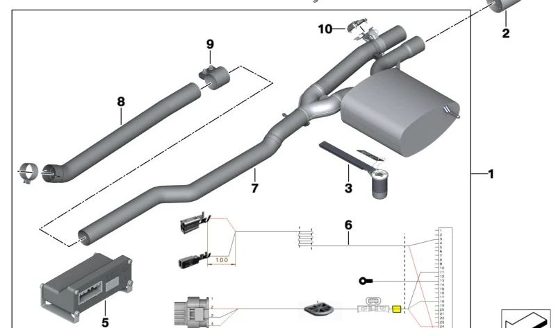 Tubo delantero con silenciador de válvula OEM 18302359647 para MINI F55 Cooper S, F56 Cooper S, F56 JCW. Compatible con cambio manual y automático. Original MINI.