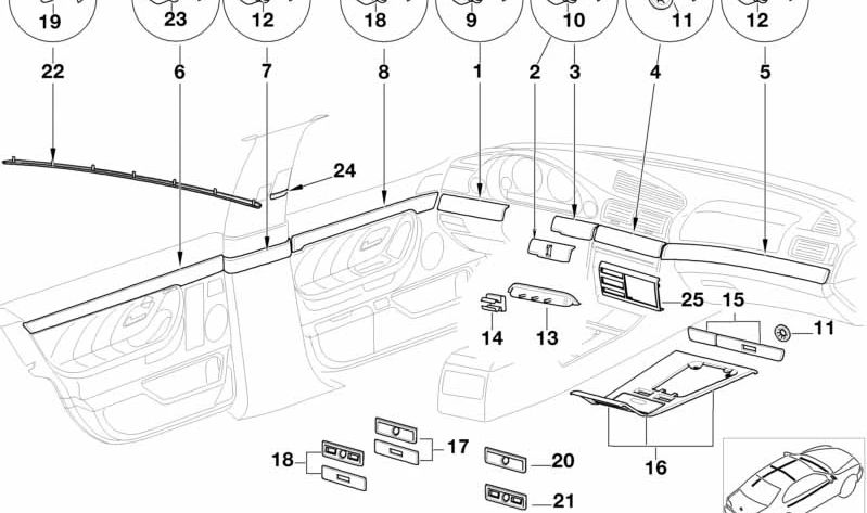 Moldura decorativa salpicadero derecha OEM 51458150242 para BMW E38 725tds, 728i, 730d, 730i. Acabado en madera Nussbaum. Original BMW.