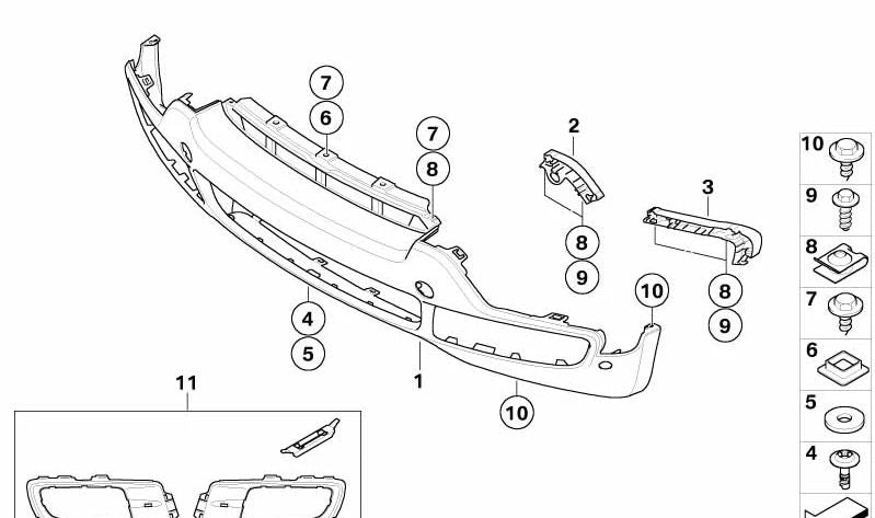 Kit de reparación paragolpes delantero OEM 51117172450 para BMW X5 {E70}. Compatible con modelos 3.0d, 3.0sd, 3.0si y 4.8i (2006-2010). Repuesto original BMW.