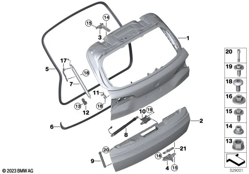 Bisagra de tapa de portamaletas superior izquierda OEM 41007417415 para BMW X5 (G05), X5 M (F95), X7 (G07)... y más. Original BMW.