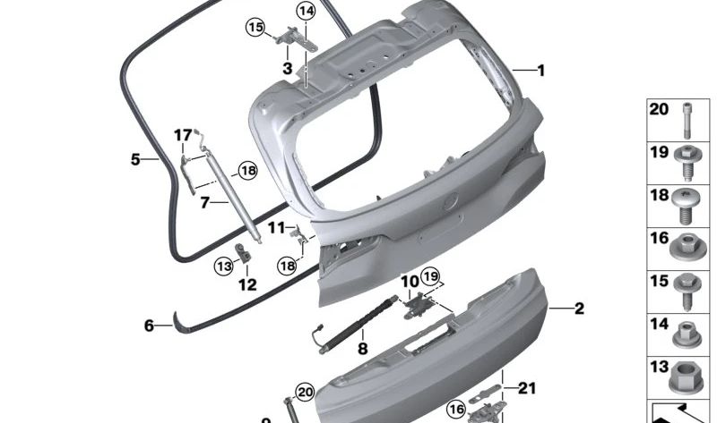 Bisagra inferior derecha del portón trasero OEM 41007486552 para BMW X5 {G05, G05N} y BMW X7 {G07, G07N, F95, F95N, G18, G18N}. Original BMW.
