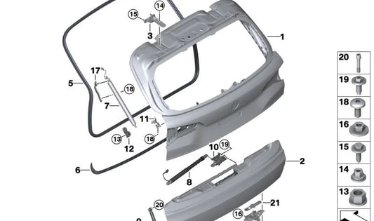 Bisagra superior derecha del portón trasero OEM 41007417416 para BMW G05, G18, F95, G07. Original BMW.