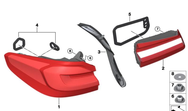 Juego de juntas para piloto trasero lateral OEM 63215A18C98 para BMW F90N, G30N, G38N. Original BMW.
