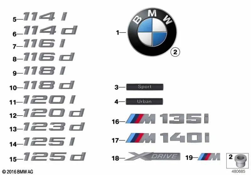 Rear emblem sticker for BMW F20, F21 1 Series (OEM 51148055785). Original BMW