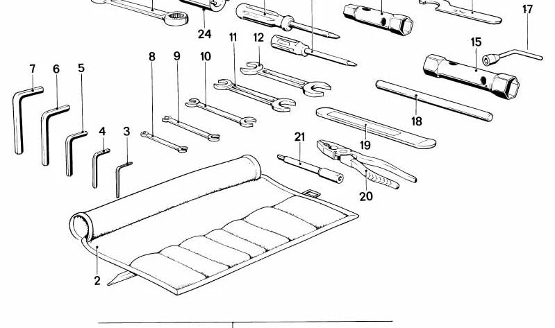 Juego de herramientas OEM 71111240890 para BMW E30, E31, E32, E34, E36, E38, E39, E46, E53, E60, E61, E63, E64, E65, E66, E70, E83, E90, E91, E92, E93. Original BMW.