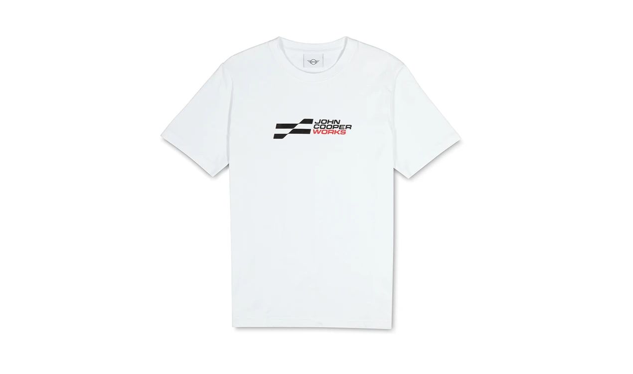 Camiseta JCW Logo para MINI, colores blanco y negro, tallas S a XXXL, número OEM 80145B5D145. Original MINI.