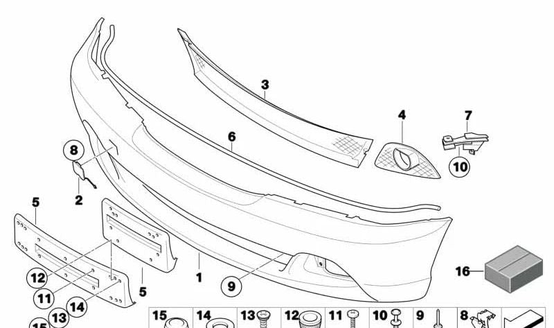 Rejilla central parachoques OEM 51117065469 para BMW E46 {316Ci, 318Ci} (modelos con motor N40/N42, cambio manual y automático). Original BMW.