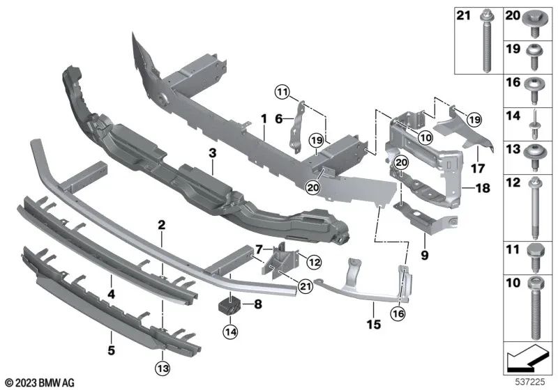 Parafuso hexagonal da cabeça da BMW 5 F90 Series, G30, G31, G38, G60; 6 séries G32; 7 G11 Series, G12, G70; Série 8 F91, F92, F93, G14, G15, G16; X5 F95, G05, G18; X6 F96, G06; X7 G07; XM G09 (OEM 07147422947). BMW original.