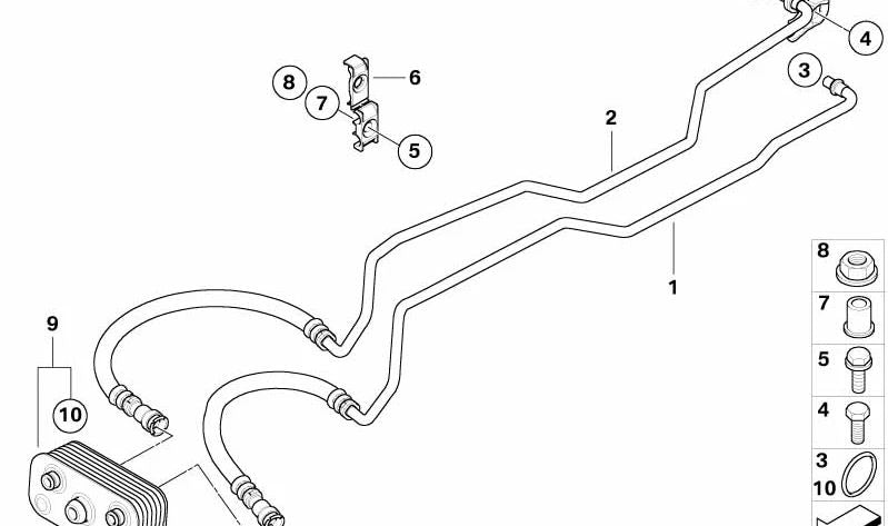 Tubería de retorno del radiador de aceite OEM 17227577646 para BMW Z4 E85, E86. Original BMW.