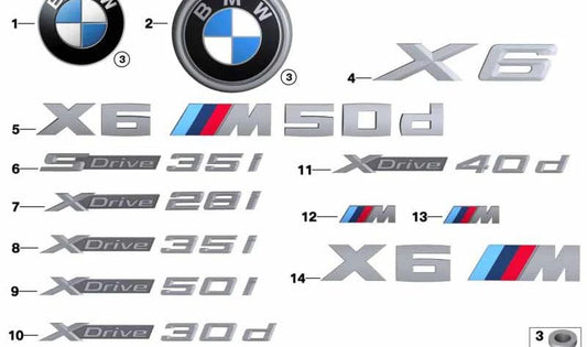 Emblema traseiro "X6 M50D" OEM 51148059012 para BMW X6 F16. BMW original.