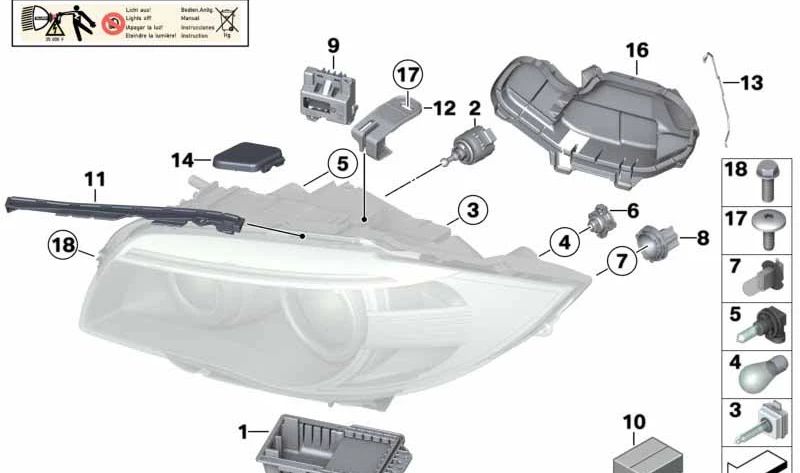 Tapa protectora faro delantero izquierdo OEM 63117046373 para BMW E82, E88 (118d, 120d, 120i). Compatible con modelos manuales y automáticos. Original BMW.