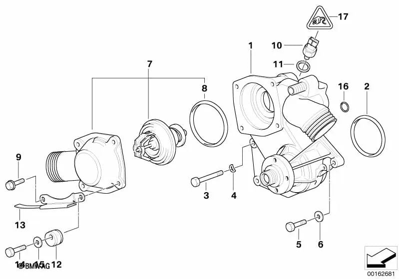 Fitting with Thermostat for BMW 7 Series E38, 8 Series E31 (OEM 11531745922). Genuine BMW