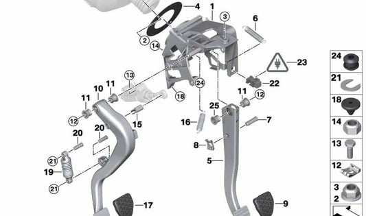 Soporte del pedal OEM 35116762248 para BMW E81, E82, E87, E88, E90, E91, E92, E93, E84. Compatible con versiones manual y automático. Pieza original BMW.