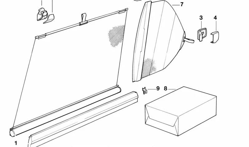 Cortinilla parasol puerta trasera izquierda OEM 51161964323 para BMW E32. Original BMW.