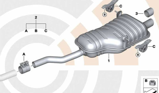 Kit montaje silenciador trasero OEM 18302455261 para BMW E46 {316Ci, 316i} todos los modelos compatibles. Original BMW.