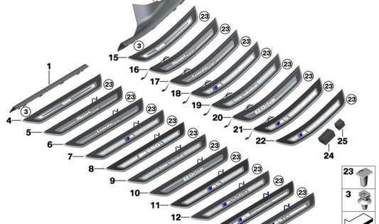 Left rear illuminated entry molding OEM 51477390225 for BMW 5 Series G38. Genuine BMW.