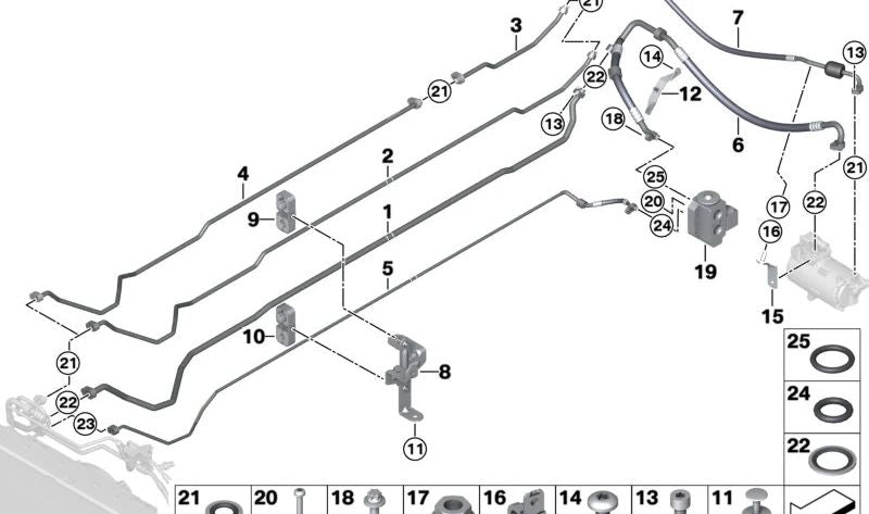 Tubería de aire acondicionado OEM 64539291274 para BMW i3 {I01: i3 60Ah, 94Ah, 120Ah, con y sin Rex, 2013–2022}. Original BMW.