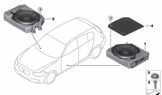 Altavoz central de graves izquierdo OEM 65137927997 para MINI F56, F55, Clubman F54, Cabrio F57, Countryman F60... y más. Original MINI.