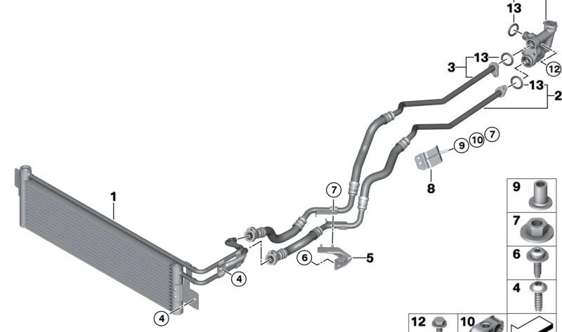 Soporte de tubería del radiador de aceite de transmisión OEM 17228096461 para BMW E30, E36, E46, E90, E91, E39, E60, F10, E38, F01. Repuesto original BMW.