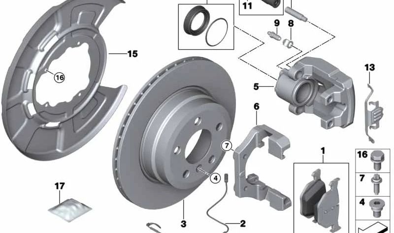 Soporte de pinza de freno trasero OEM 34216776936 para BMW E70, F15, E71, F16. Original BMW.