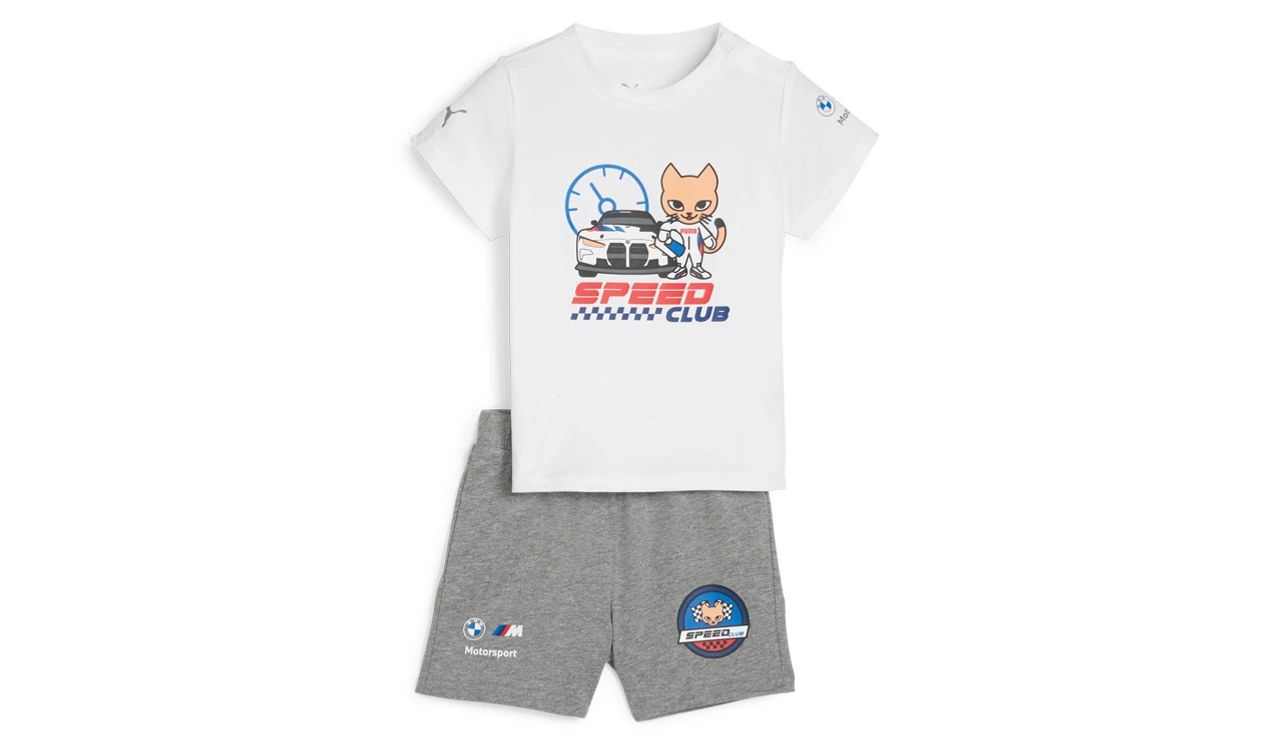 Conjunto bebé BMW M Motorsport OEM 80145B31949 para BMW (ropa infantil oficial, 6-9 meses). Incluye camiseta blanca y pantalón gris con logos BMW y Puma. Original BMW.