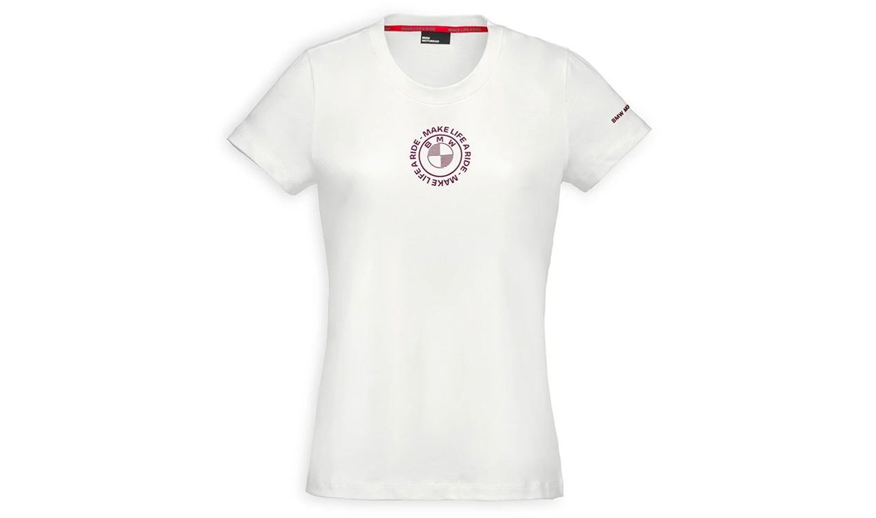 Camiseta blanca "Make Life a Ride" para mujer, talla M, 100% algodón, con diseño impreso delante y detrás. OEM 76615A81286 para BMW Motorrad. Original BMW Motorrad.