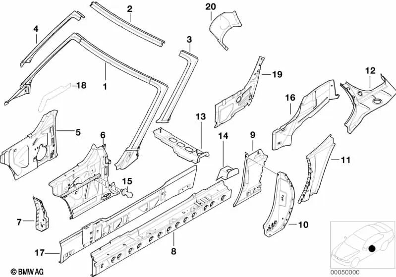 Columna B interior izquierda OEM 41218407365 para BMW Z3 (E36) 1.8, 1.9, 2.0. Original BMW.