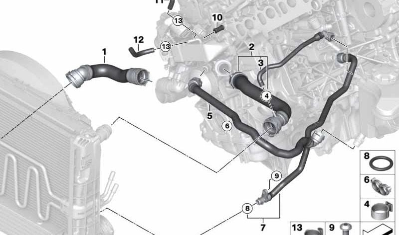 Lower Radiator-Thermostat Hose for BMW 3 Series E90N, E91N, E92, E93 (OEM 17127800100). Original BMW