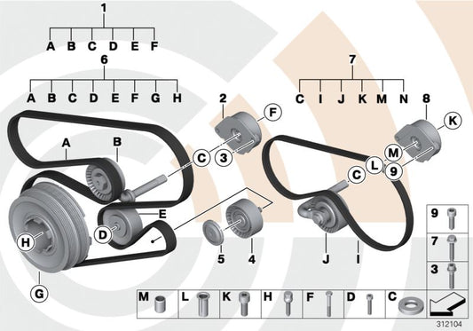 Kit de correa accesorios OEM 11282357311 para BMW E83, E83N. Incluye correa, polea tensora, rodillo guía y tornillo. Ideal para alternador y bomba de agua. Original BMW.