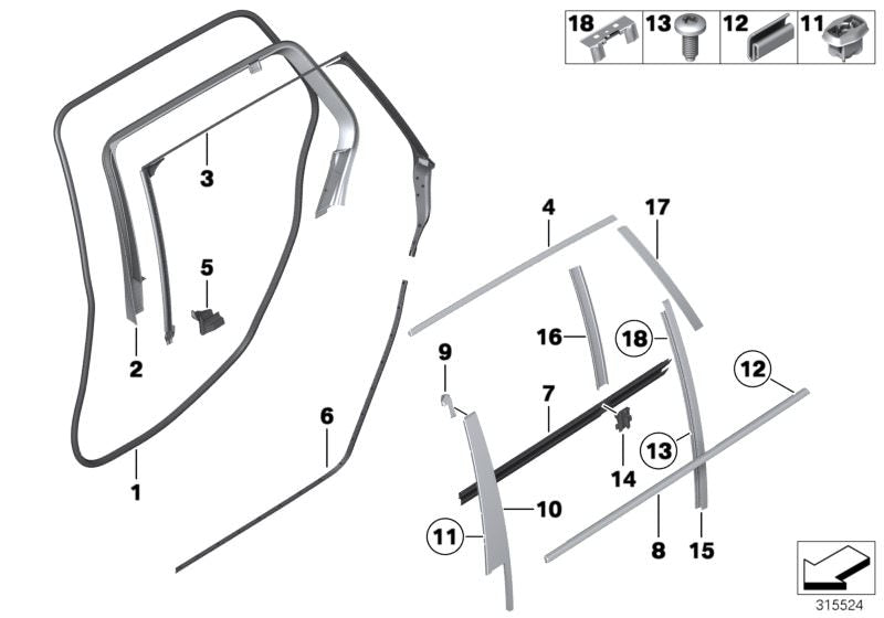 Moldura exterior brillante para puerta trasera derecha OEM 51357209714 para BMW F11. Original BMW.