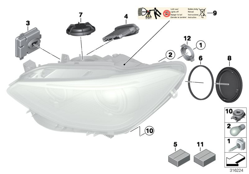 Junta de faro OEM 63117296901 para BMW F20, F21. Pieza original BMW. Ideal para reparar o sustituir la goma de sellado del faro delantero (Xenon).