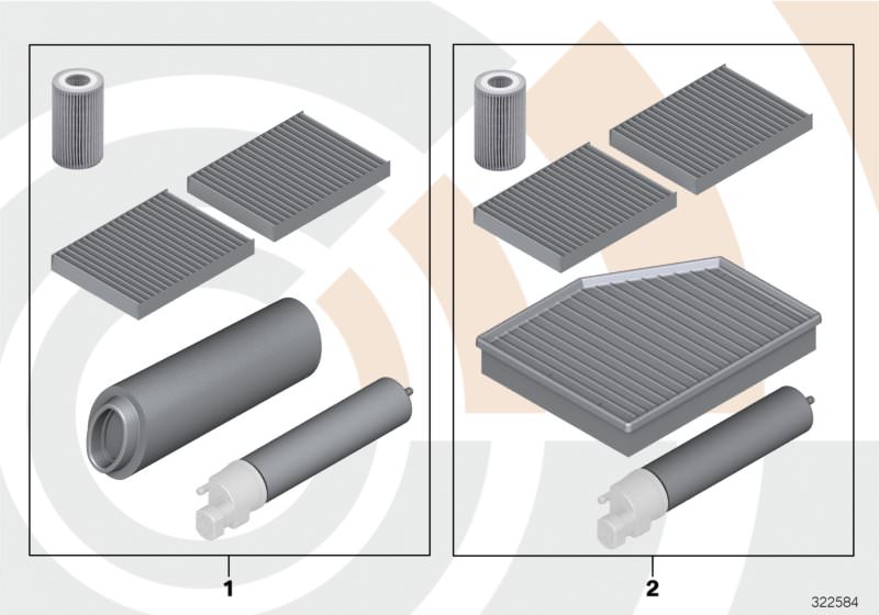 Kit de inspección II OEM 88002349206 para BMW E60, E60N, E61, E61N. Incluye filtros de aceite, combustible, aire y habitáculo. Repuestos originales BMW.