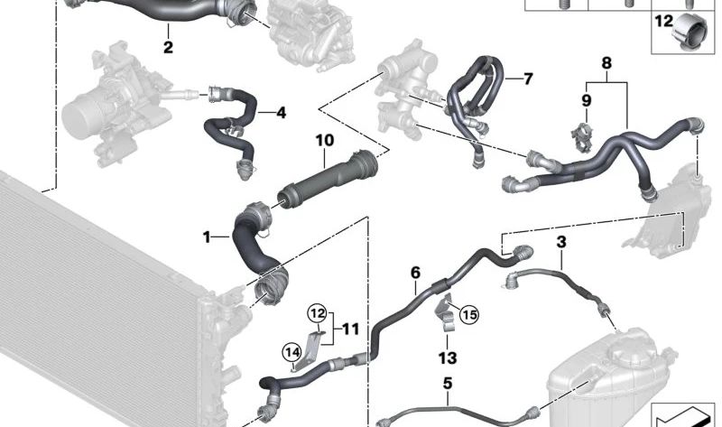 OEM refrigerant radiator sleeve 17128597749 for BMW G30, G31, G32, G11, G12, G14, G15, G16. Original BMW.