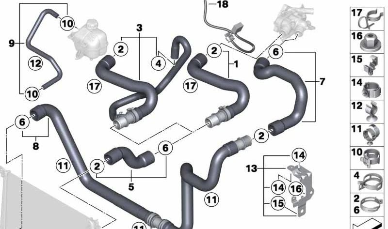 Abrazadera para tubo del sistema de refrigeración Ø40mm OEM 17122754488 para MINI R55, R56, R60, R61. Original MINI.