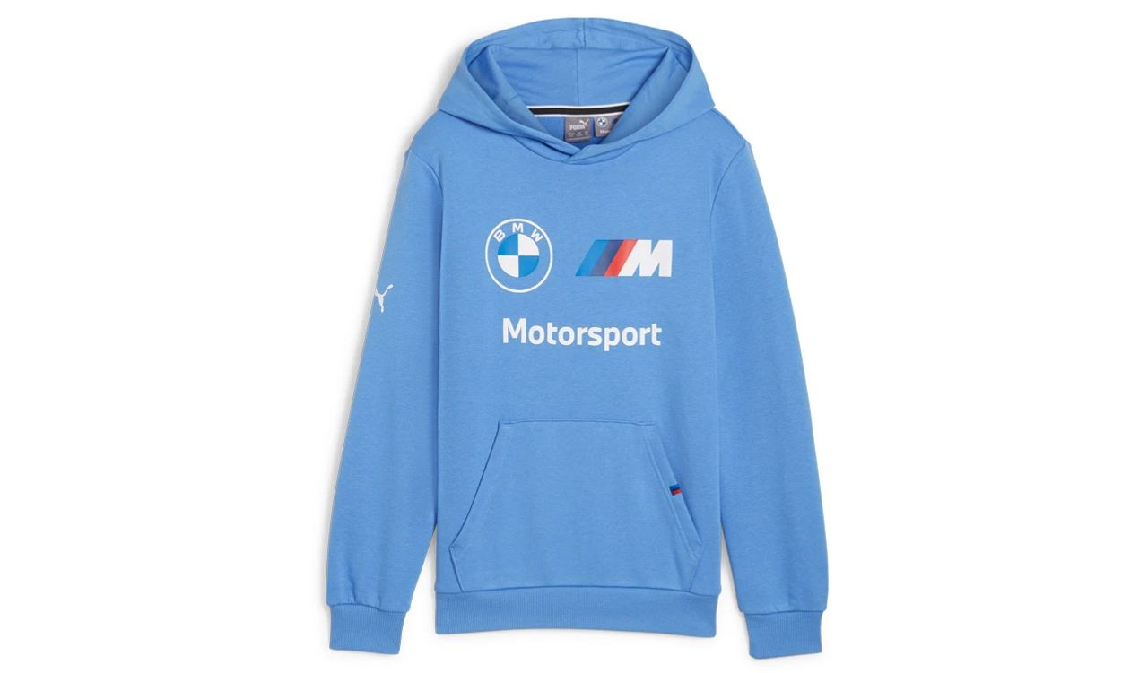 Sudadera con capucha infantil OEM 80145B31945 con logo BMW M Motorsport en azul claro. Para niños/as, compatible con todas las tallas según colección BMW M Motorsport. Original BMW.