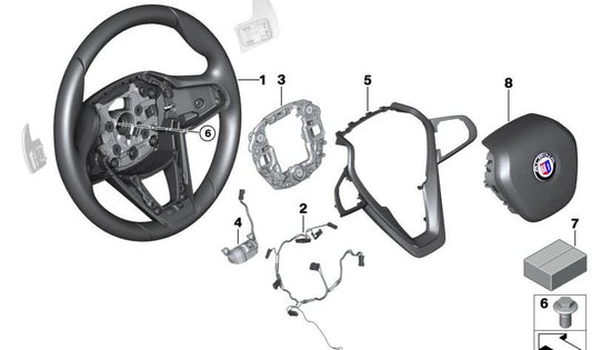 Embellecedor decorativo volante OEM 32309474782 para BMW G30, G31, G32. Compatible con volantes deportivos multifunción con o sin levas. Pieza original BMW.
