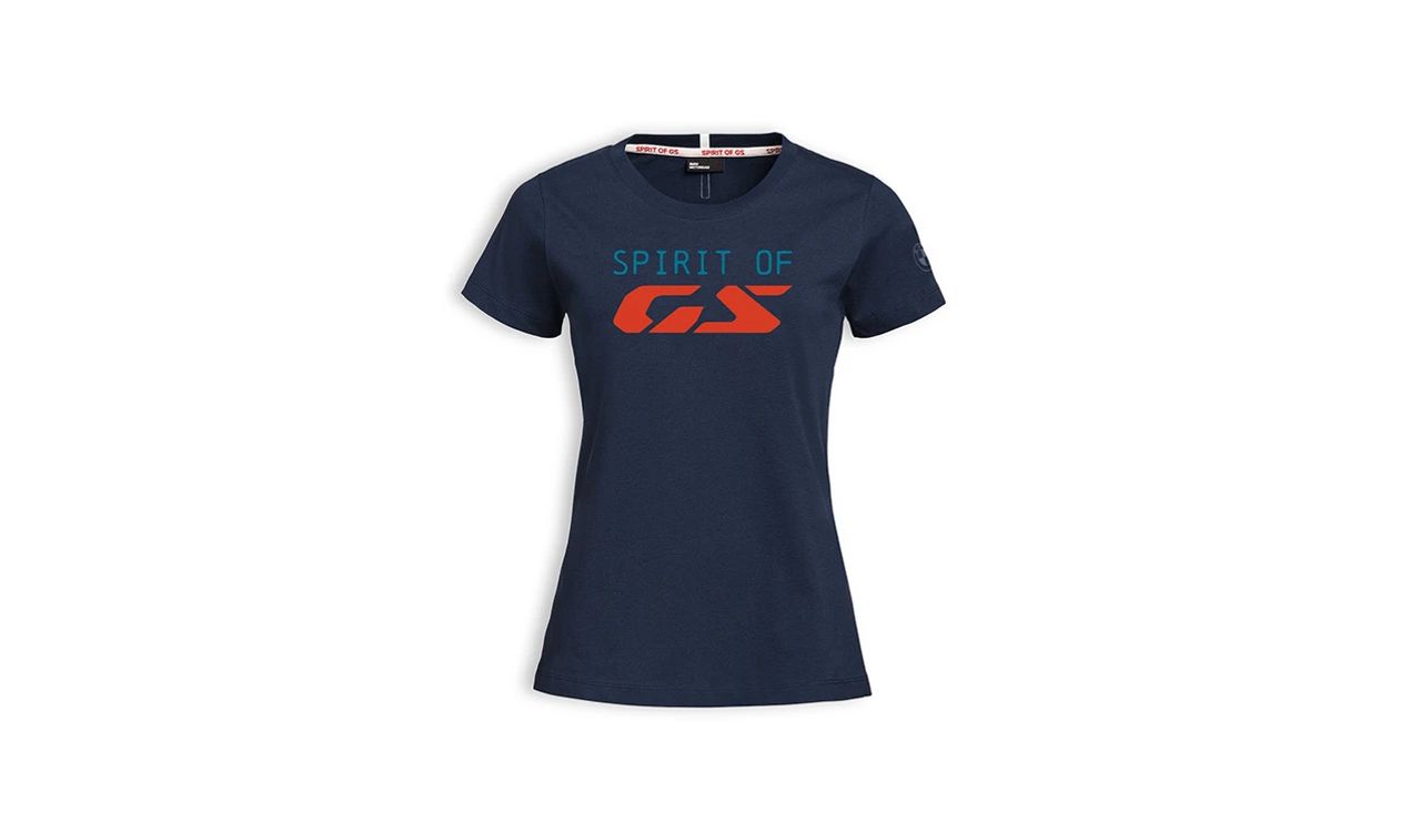 Spirit of GS T -shirt BMW Motorrad for women, midnight blue. With GS logo on the chest, BMW on the back and sleeve. OEM 76615B3E447. For all BMW Motorrad models. Original BMW Motorrad.