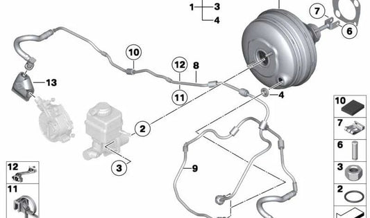 Tubo de vacío OEM 11667601883 para BMW F07, F10, F11, F06, F12, F13, F01, F02. Compatible con versiones 550i, M5, 650i, M6 y más. Original BMW.