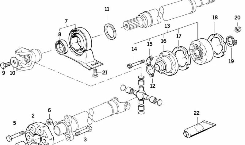 Suporte central do eixo de transmissão OEM 26121226657 para BMW E32, E34. BMW original.