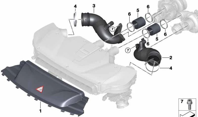 Manguito de admisión de aire OEM 13717848381 para BMW X5 F85 y X6 F86. Conduce aire limpio al motor y garantiza un rendimiento óptimo. Original BMW.