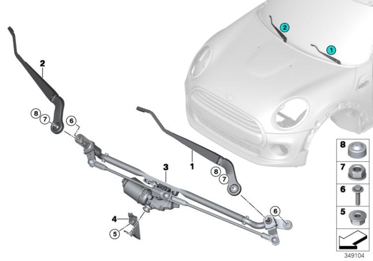 Varillaje limpiaparabrisas con motor OEM 61617419788 para MINI F56, F55, F57, F56 BEV, F56 LCI... y más. Original MINI.