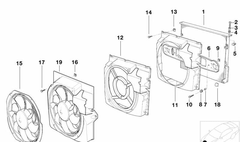 Marco soporte ventilador OEM 64548370967 para BMW E36 (316i CA11, CA12, CA21, CA22, CA71, CA72 / BE11, BE12, BE21, BE22) y Z3 (1.8, 1.9). Original BMW.
