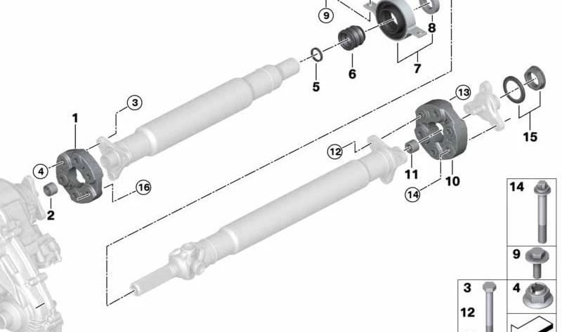 Rodamiento central de transmisión de aluminio OEM 26107850379 para BMW F85 (X5 M) y F86 (X6 M). Original BMW.