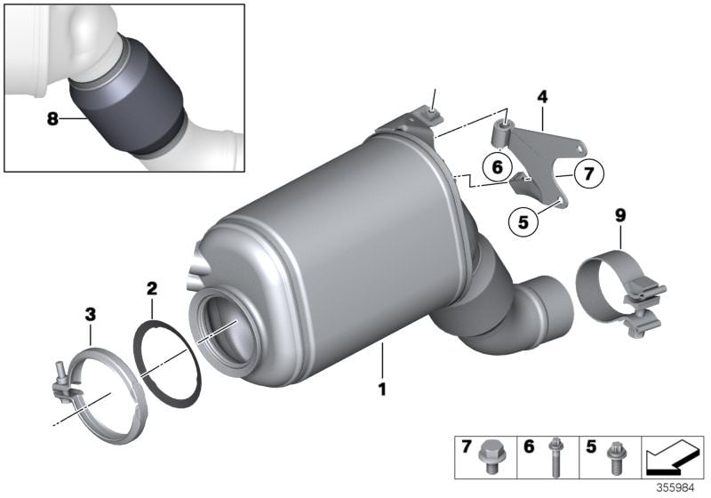 Soporte catalizador cercano al motor OEM 18208515502 para BMW F30, F31, F34, F32, F33, F36, F07, F10, F11, F06, F12, F13, F01, F02, F25, F26, E70, F15, E71, F16. Original BMW.