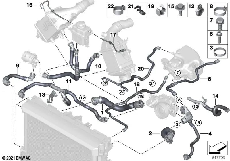 Tubería de retorno de calefacción OEM 17128682035 para BMW Serie 5 G30, G31, Serie 7 G11, G12, Serie 8 G14, G15, G16... y más. Original BMW.