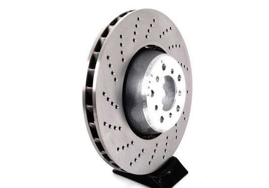 Disco de freno ventilado y perforado izquierdo OEM 34112282805 para BMW E60, E61, E63, E64. Original BMW.