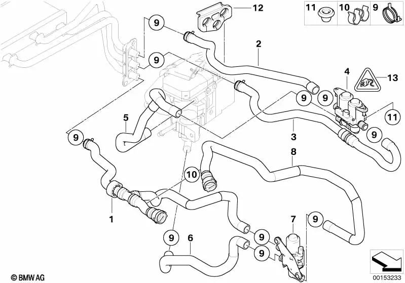 Tubo para radiador y retorno motor OEM 64216985737 para BMW Serie 5 E60, E61 con motor N47. Original BMW.
