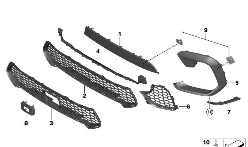 Clip rejilla lateral izquierda OEM 51118081637 para BMW X6 M Competition F96. Compatible con modelos F96 (CY01, CY02) de 2019 a 2023. Original BMW.