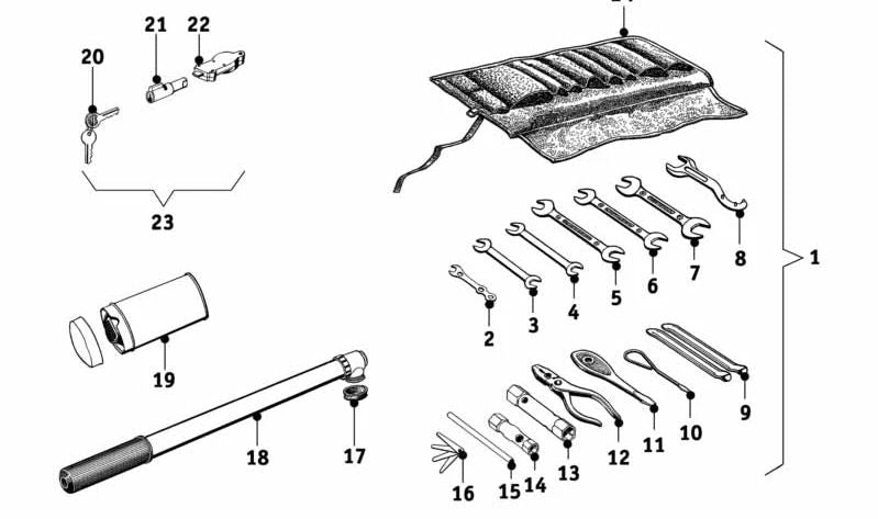 Juego de herramientas de maletero OEM 71110005317 para BMW E30, E34, E36, E38, E39, E46, E60, E61, E65, E66, E70, E71, E83, E85, E90, E91, E92, E93, F01, F02, F10, F11. Original BMW.