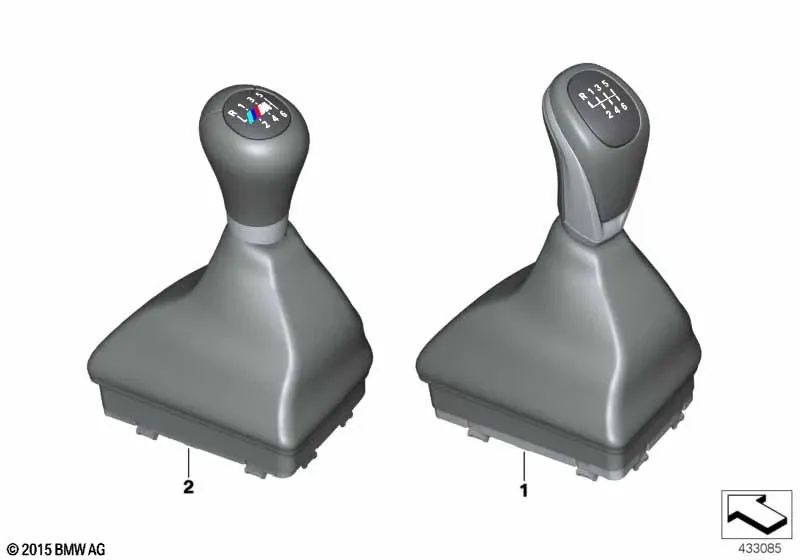 Pomo de cambio de marchas de cuero con fuelle/6 marchas Perlganz Chrom OEM 25117642009 para BMW X1 F48, X1 F48 LCI, X2 F39. Original BMW.